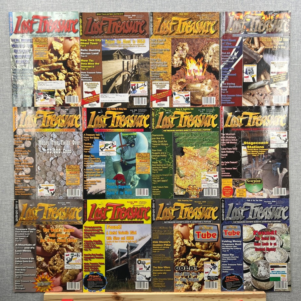Lost Treasure Magazine Lot 2008 Full Year 12 Issues Gold Mining Relic Hunting